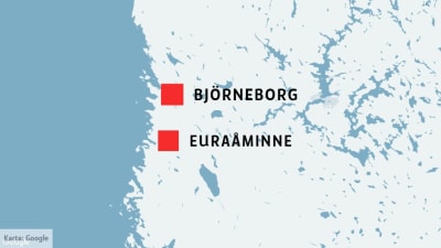 En karta över en del av västra Finland, med Euraåminne och Björneborg inprickade.