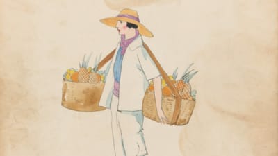 West Indies. Fruits. En elegant klädd kvinna som bär frukt i korgar förenade av en rem över nacken.