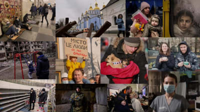 Kuvakollaasissa useita kuvia ukrainalaisista sodan keskeltä.