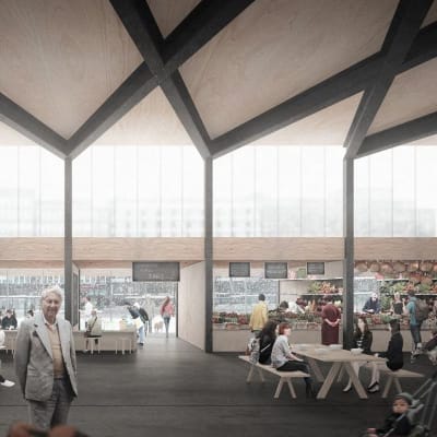 Förslag B 21.3.2016: En tillfällig glashall på Hagnäs torg under renoveringen av hallen