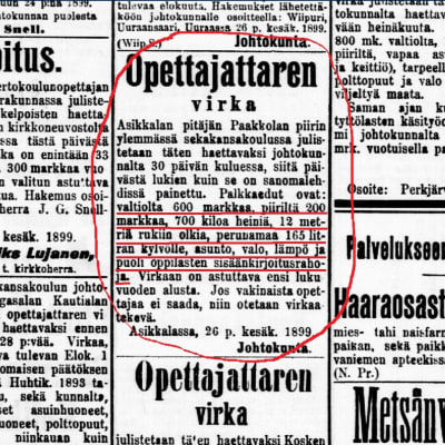 Opettajattarenvirka Asikkalan pitäjässä Uusi Suometar -lehdessä 1.7.1899