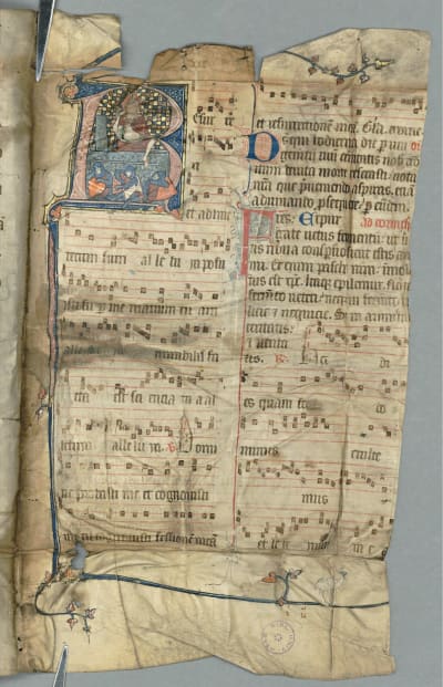 Keskiaikainen pergamenttifragmentti, jossa sinisellä ja punaisella värjättyjä koristeellisia alkukirjaimia.