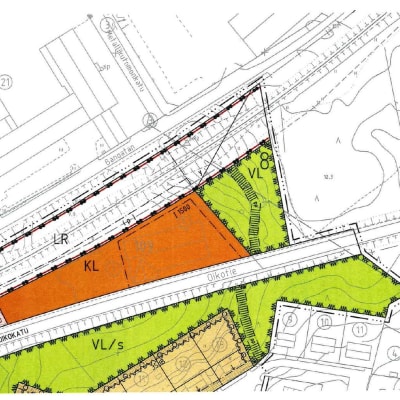 Kvarteret för affärsbyggnader är orangefärgat.