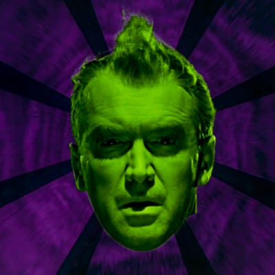 Vihreät miehen kasvot (James Stewart) vasten violettia, abstraktia taustaa. Kuva elokuvasta Vertigo