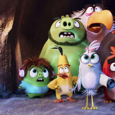 Angry Birds -elokuva 2 - Kuvassa (takana vasemmalta) Leonard, Mahti Kotka ja Pommi, sekä (edessä vasemmalta) Leonardin apulainen Courtney, Sakke, Silver ja Red. 