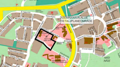 Karta över Näse i Borgå, ett område intill Gammelbackavägen är markerat med svart och det står "Detaljplaneområde".
