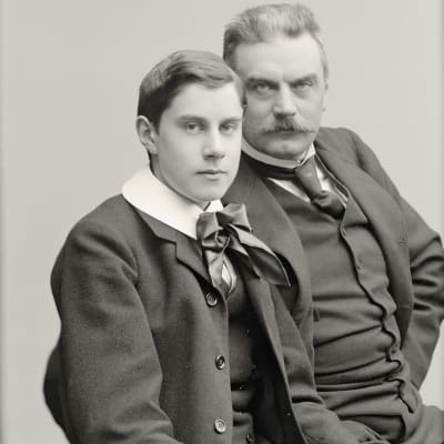Ett svartvitt fotografi med en ung man och en äldre. Albert Edelfelt och hans son Erik Edelfelt. Alberts mustacher spretar.