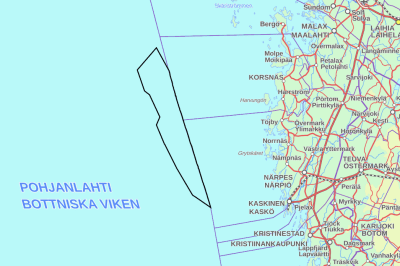 En karta över den österbottniska kusten. Ett havsområde utanför kusten har markerats ut.