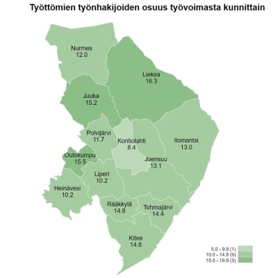 Pohjois-Karjalan kuntakartta, jossa on numeroin kaikkien kuntien työttömyysasteet.
