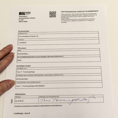 Blankett för företagskundens anmälan om kontonummer.