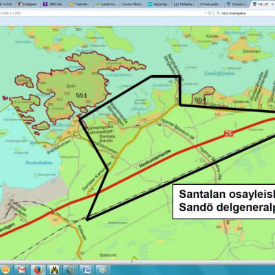 En karta som visar området för Sandö delgeneralplan i Hangö 2015.