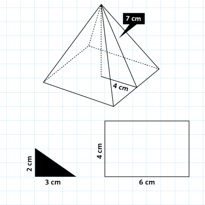 Kuvassa matematiikkatehtäviä, neliö, kolmio ja pyramidi