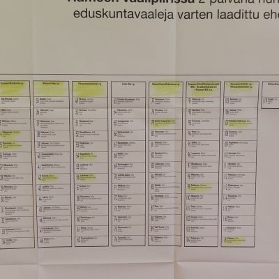 Hämeen vaalipiirin ehdokaslistojen yhdistelmä eduskuntavaaleissa 2023. Osa listan puolueista ja ehdokkaista on korostettu keltaisella värillä.