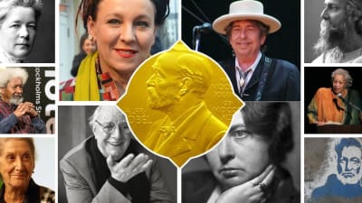 Ett collage med författare som erhållit Nobelpriset i litteratur.