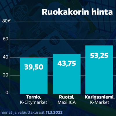 Grafiikka ruokakorin hinnan eroista suomessa, ruotsissa ja norjassa.
