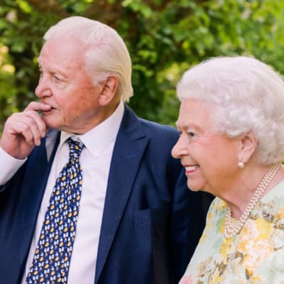 Kuningatar Elizabeth ja Sir David Attenborough Buckinghamin palatsin puutarhassa.