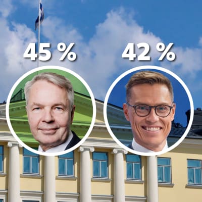 Taustalla presidentinlinna, päälla Haaviston ja Stubbin kuvat ja näiden saamat kannatusprosentit kyselyssä, kun kysyttiin kumpaa äänestäisit, jos nämä kaksi olisivat vaalien toisella kierroksella vastakkain: 45 % Haavistoa ja 42 % Stubbia.