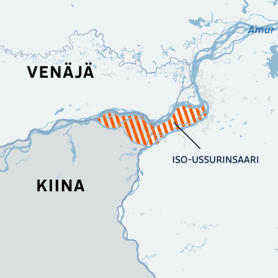 Kartta johon on merkitty Iso-Ussurinsaari Venäjän ja Kiinan rajalla.