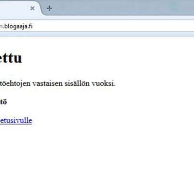 Maria Tolppanens blogg på bloggaaja.fi är stängd. Som orsak anges rasistiskt innehåll.