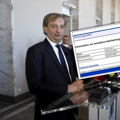 Harry Harkimo och en bild på grundanmälan för föreningen Liike Nyt.