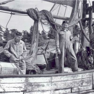 En konfiskerad trålare fylld med sprit i Sondarö år 1955. Sjöbevakare från sjöbevakningsstationen i Risholma. På bild från höger: Olavi Hotanen, Jalo Haapala, Pentti Hurri.