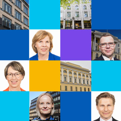 Ett collage av bilder på de nya ministrarna, ministeriebyggnader och partifärger.