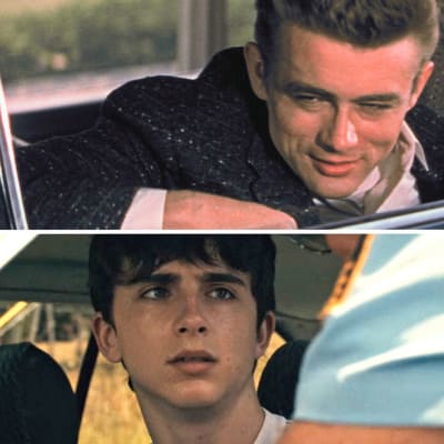 En kollagebild med skådespelarna James Dean och Timothée Chalamet i varsin bil. 