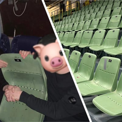 Kuvakombo vihreäpenkkisistä penkkiriveistä ja kahdesta miesoletetusta, jotka pitelevät bussin sisällä käsissään yhtä vihreistä penkeistä. Henkilöiden kasvot on sensuroitu possuemojilla.