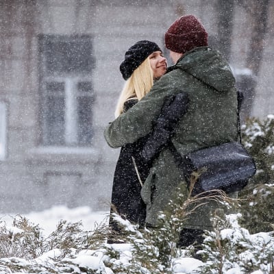 Pariskunta halaa lumisessa puistossa.