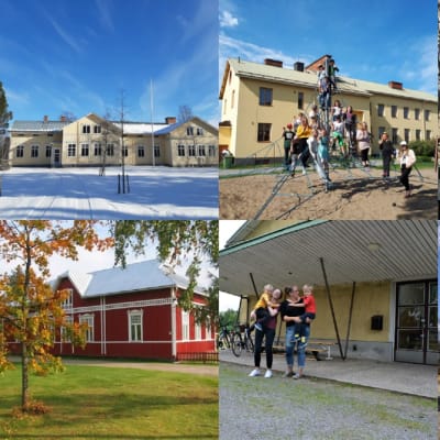 Ett bildkollage föreställande foton av skolbyggnaderna i Rödsö, Småbönders, Djupsöbacka, Komossa, Dagsmark och Tjöck.