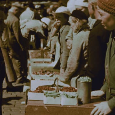 Herneitä ja mansikoita myynnissä Helsingin Kauppatorilla vuonna 1936. Stillkuva filmistä Helsingfors, Finland 1936
