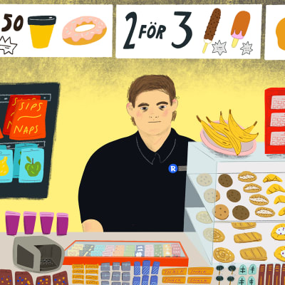 Illustrationen visar en försäljare bakom disken i en R-kiosk.