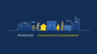 En illustrerande bild om hur ukrainska flyktingar kan välja hemkommun i Finland, med en ritad bild av fem hus i blått och gult och två människor. Texten #kotikunta finns på finska och ukrainska.