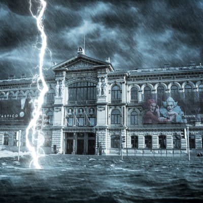 En manipulerad bild av konstmuseet Ateneum där gatan är översvämmad och en stor blixt slår ner i vattnet.