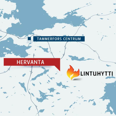 Karta med Tammerfors, Hervanta samt Lintuhytti.