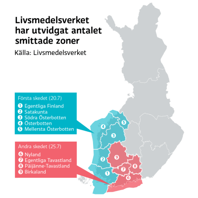Suomen kartalle merkittynä lintuinfluenssan vuoksi perustetut tartuntavyöhykkeet.
