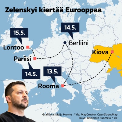 Zelenskyin kiertomatka Euroopassa näytettynä kartalla: Rooma 13.5., Berliini 14.5., Pariisi 14.5. ja Lontoo 15.5.