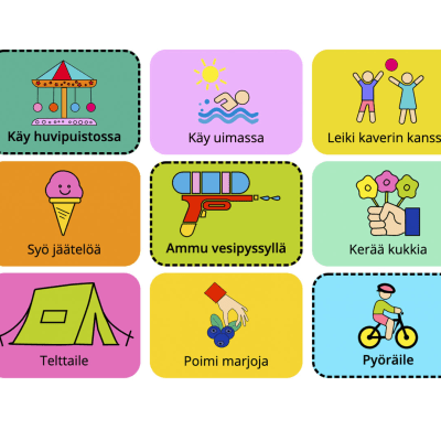 Ruudukko, jossa on kuvattu yhdeksän kesäistä aktiviteettia lapsille.