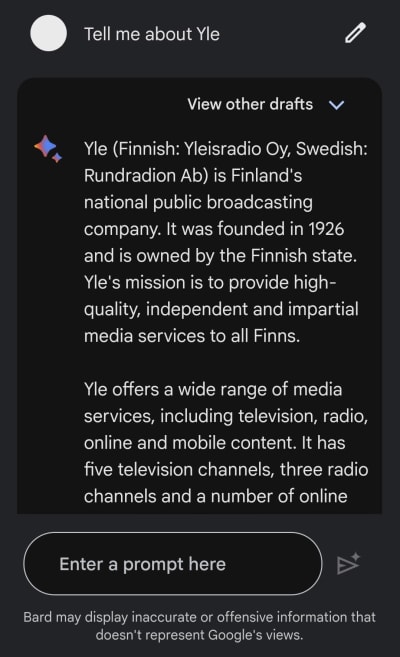 Skärmdump på Bard.