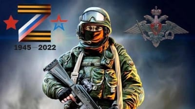 Ryska propagandabild: "Än en gång befriar ryska soldater Europa från fascismen" - illustrerad med soldat, bokstaven Z och årtalen 1945-2022.