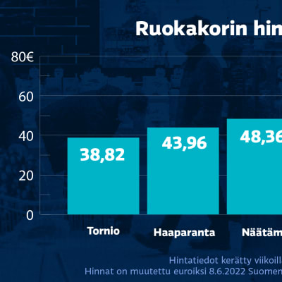 Taulukko ruokakorien hinnoista neljällä paikkakunnalla Suomessa, Ruotsissa ja Norjassa