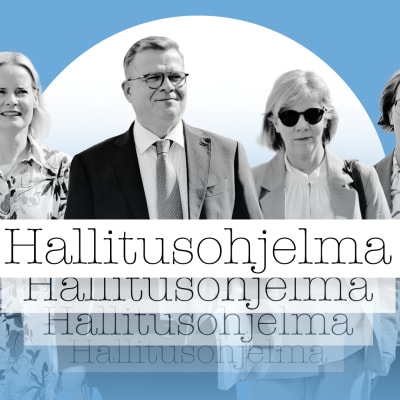 Käsitelty kuva mustavalkoisista Riikka Purrasta, Petteri Orposta, Anna-Maja Henrikssonista ja Sari Essayahista sinisellä taustalla. Henkilöiden päällä on moneen kertaan teksti Hallitusohjelma.