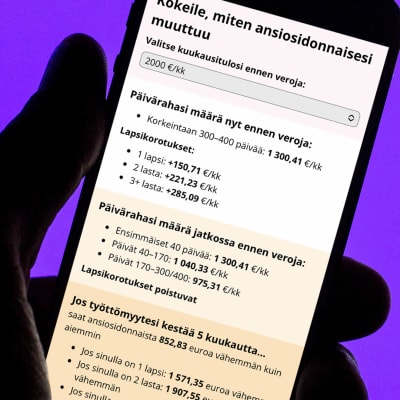 Kännykän ruudussa kuvakaappaus koneesta "Kokeile, miten ansiosidonnaisesi muuttuu".