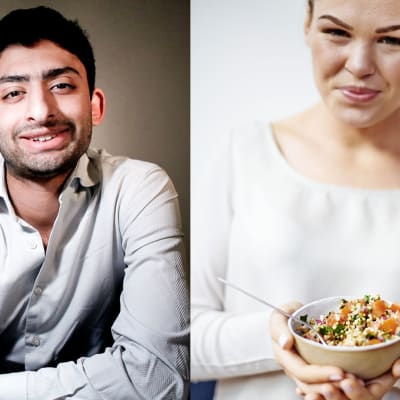 Waleed Ahmed katsoo kameraan ja esittelee kännykkään, Belle Gibson katsoo kameraan, hymyilee ja pitää kädessään salaattikulhoa.