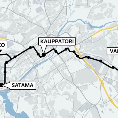 Kartta raitiotien linjauksesta Varissuolta keskustan kautta satamaan.