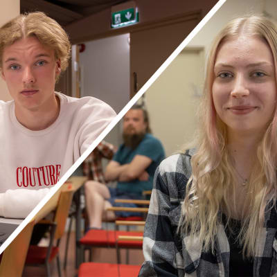 Kahden eri kuvan kuvaslaidi. Opiskelijat Tomas Hannus ja Veera Nivunkijärvi poseeraavat kameran edessä.
