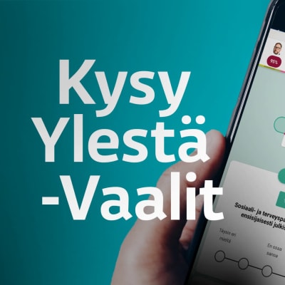 Kysy Ylestä - Vaalit -teksti ja Ylen Vaalikone auki matkapuhelimen näytöllä