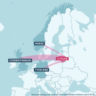 Karta som illustrerar emigrationen från Litauen till Storbritannien, Tyskland och Norge.