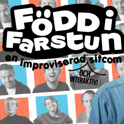 Simon Karlsson och Märta Westerlund i näsdagen 2019 promobild med grafik och texten Född i farstun sitcom.