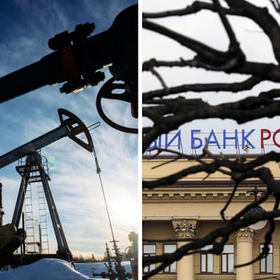 Kahden kuvan yhdistelmä, jossa näkyy kuinka öljyä pumpataanHanti-Mansian autonomisessa piirikunnassa Länsi-Siperiassa, sekä Rossija-pankin julkisivu.